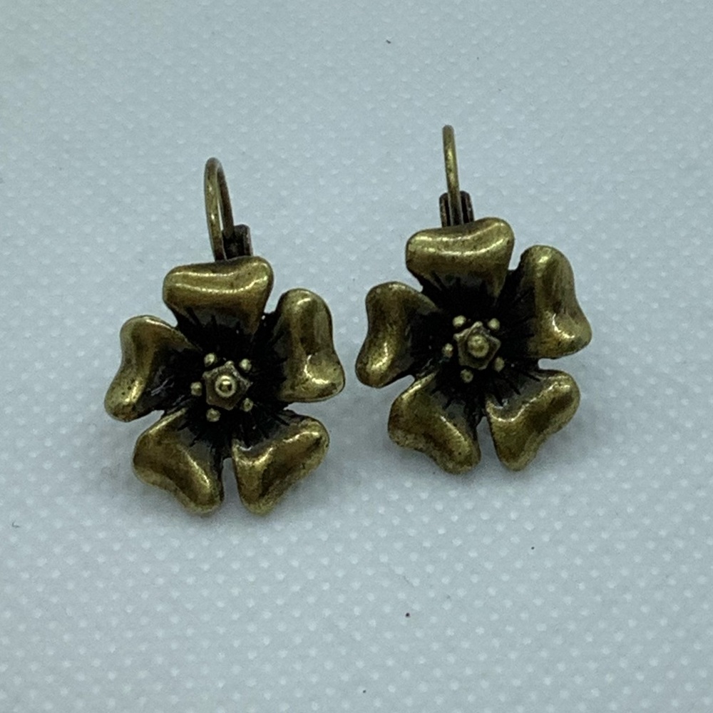 Brass Tone Flower Lever Back Earrings
